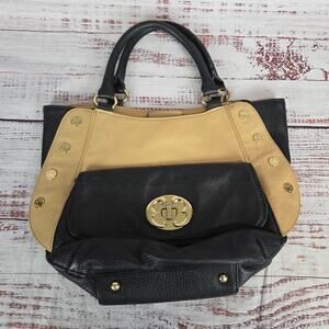 Emma Fox Black Tan Leather Top Dual Handle Satchel Purse Timeless Designer Bag